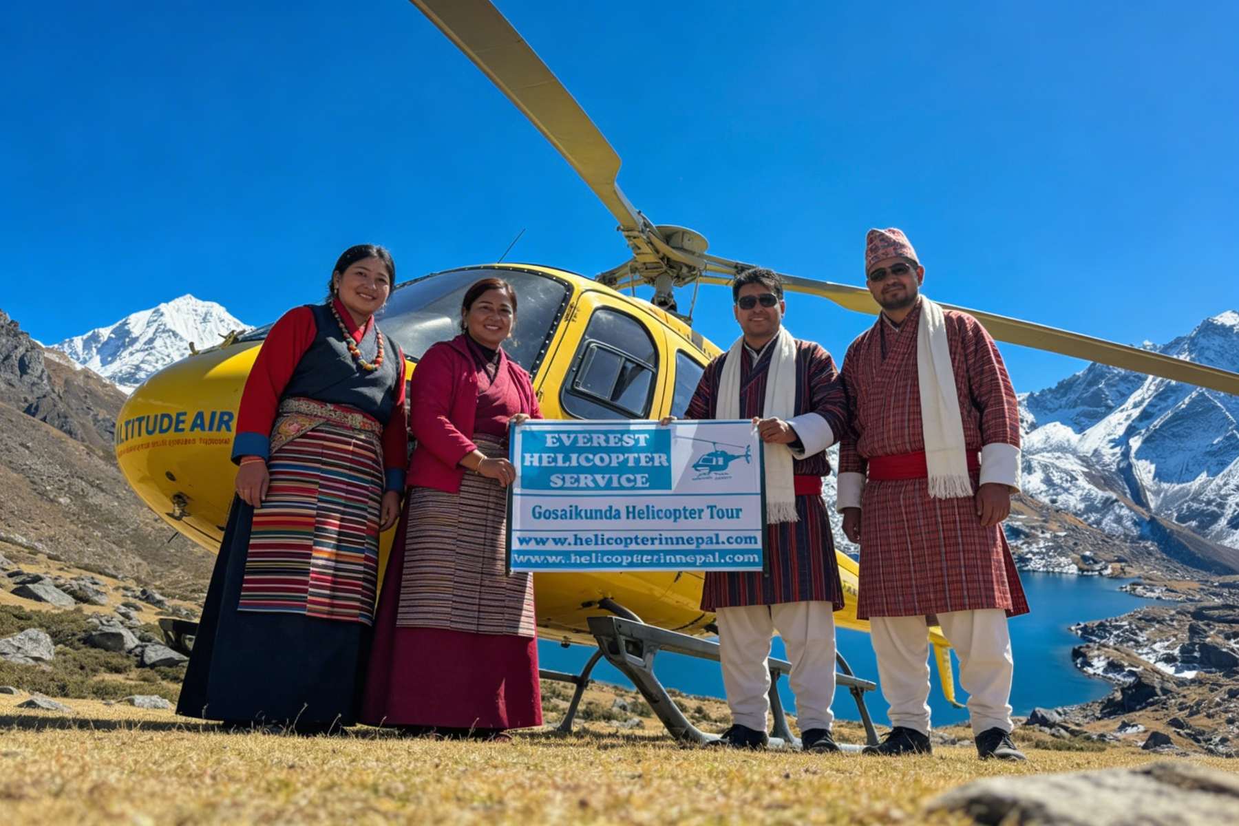 Guests enjoying the Gosaikunda Lake helicopter tour with Himalayan views in Langtang National Park.
