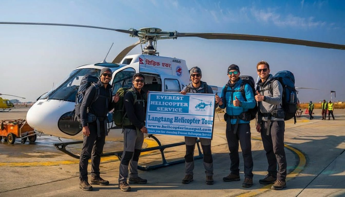 International travelers ready to fly to Kyanjin Gompa during a Langtang Valley helicopter tour in Langtang National Park.