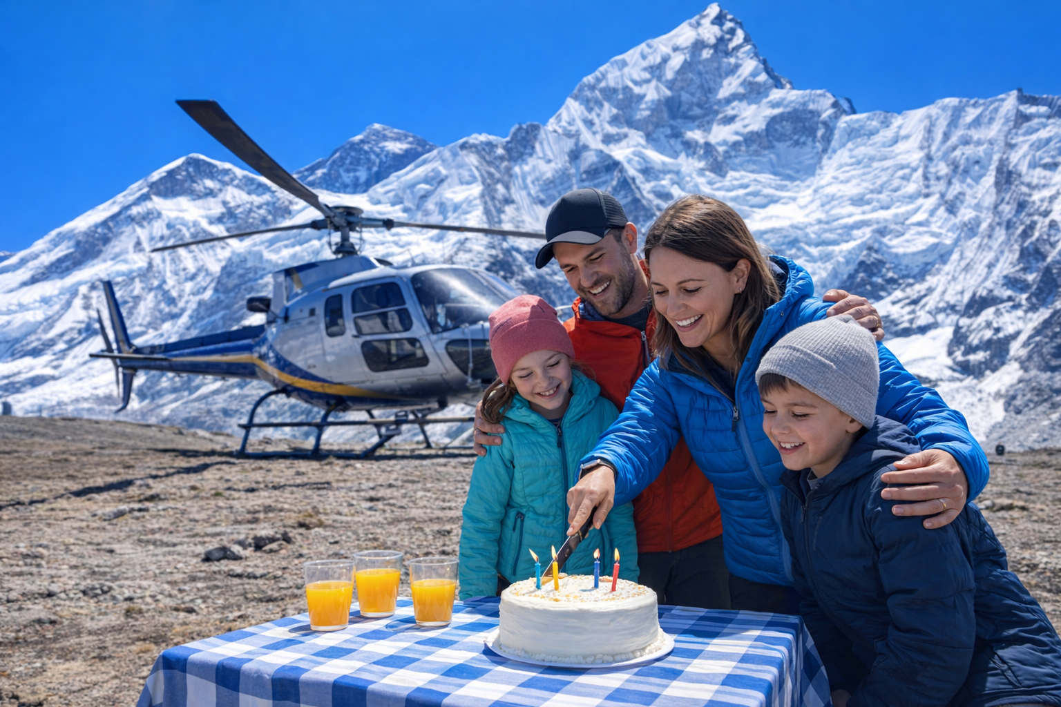 Family celebrating birthday during Everest Base Camp Trek with Helicopter Return
