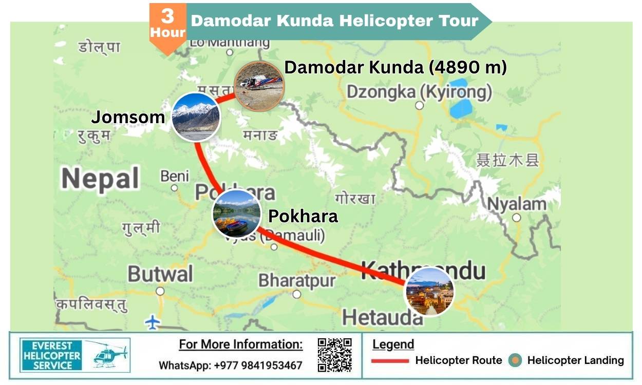 Map of Damodar Kunda Helicopter Tour from Kathmandu, Pokhara or Jomsom