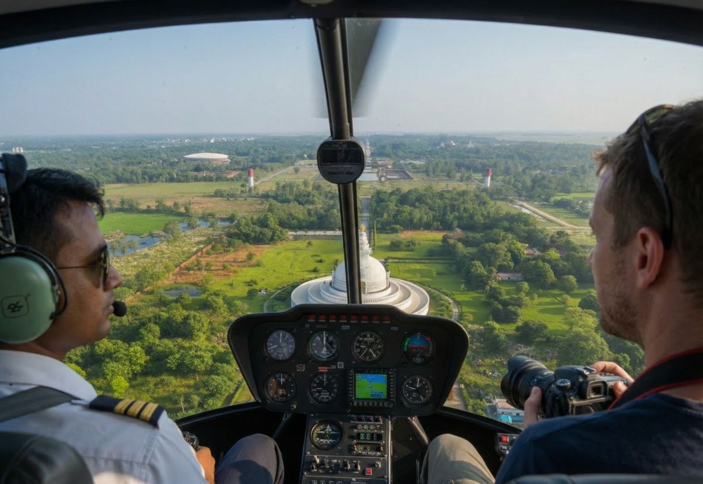World Peace Pagoda during Lumbini Helicopter Tour pilot and guest talking about Lumbini