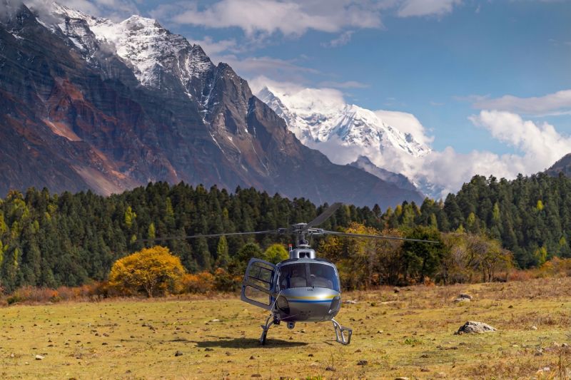 Helicopter at Samagaon during Manaslu Circuit Trek with Helicopter Return