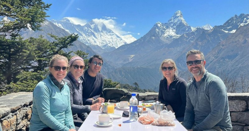 Breakfast terrace at Hotel Everest View with Mount Everest backdrop at 3,880m