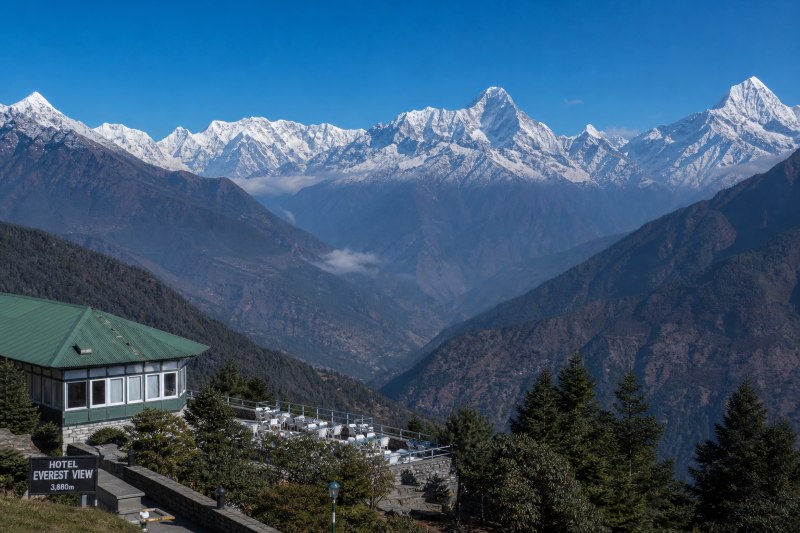 Indoor dining at Hotel Everest View restaurant with panoramic mountain views